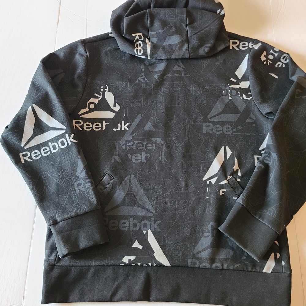 Reebok Unwind Mens M Hoodie All Over Print AOP Spellout Black Gray Streetwear